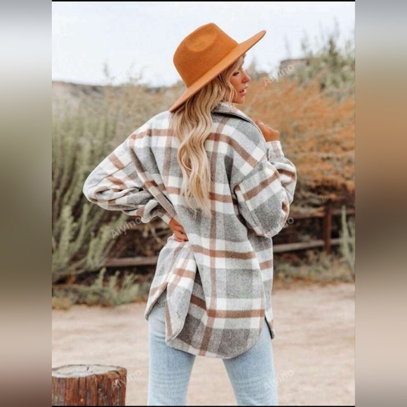Plaid Brushed Flannel Flap Pocket Drop Shoulder Coat Shacket Women's Medium NWOT - Picture 3 of 16